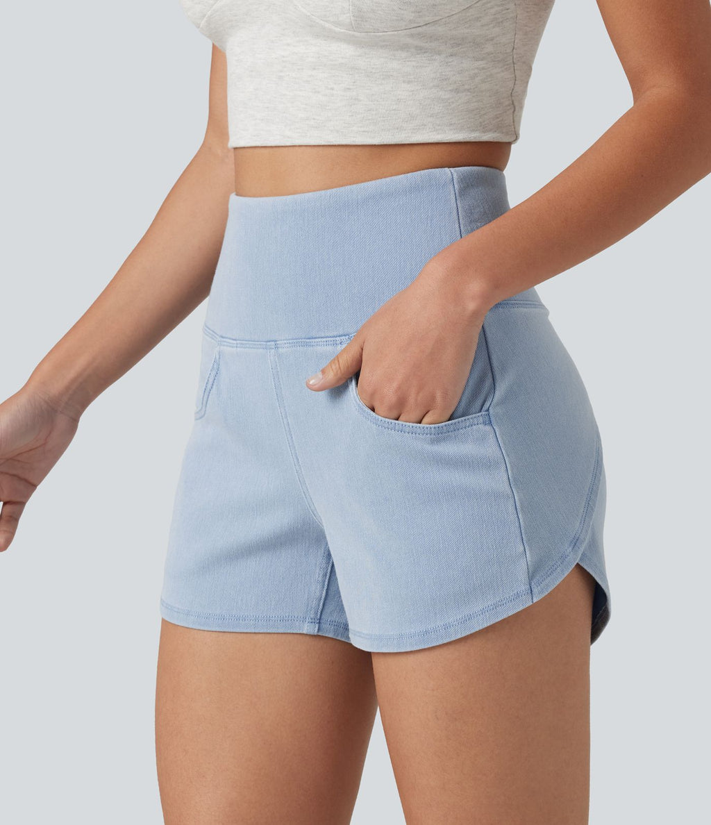 Halara Flex™ Short casual en jean skinny gainant taille haute à ourlet arrondi avec poches