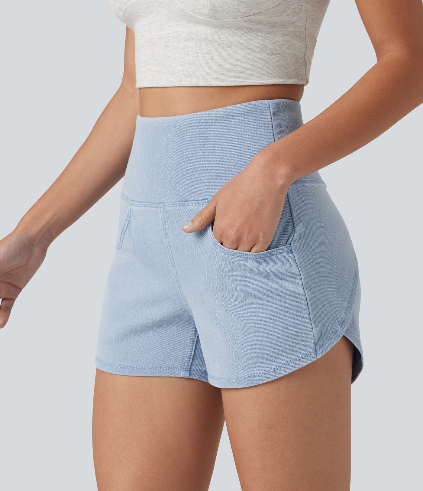 Halara Flex™ Short casual en jean skinny gainant taille haute à ourlet arrondi avec poches