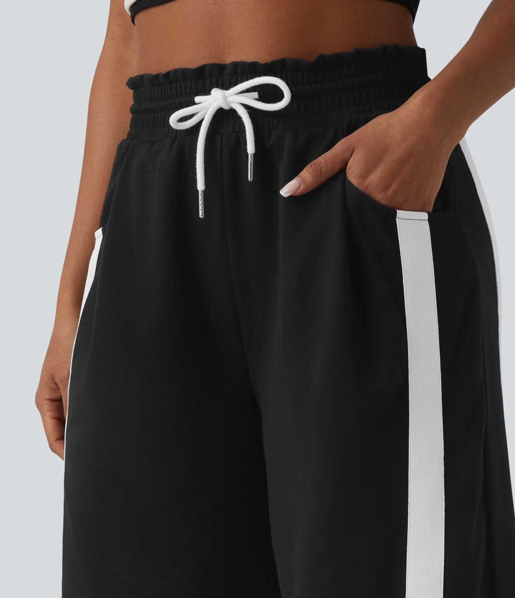 Pantalon de jogging casual large color block taille haute avec cordon de serrage, ourlet courbe et poches