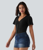 Top casual col V à manches courtes