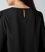Blouse tailleur décontractée col rond dos keyhole manches bouffantes ourlet arrondi