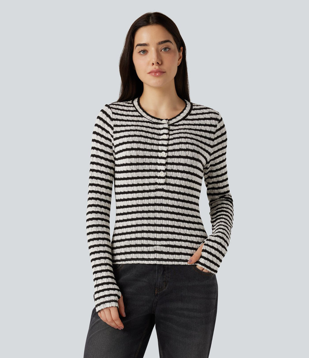 T-shirt rayé col Henley manches longues avec trous pouces