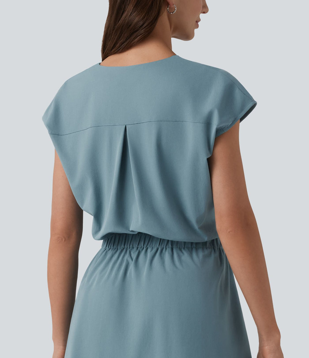 Robe col V manches courtes à découpes en popeline extensible avec poches