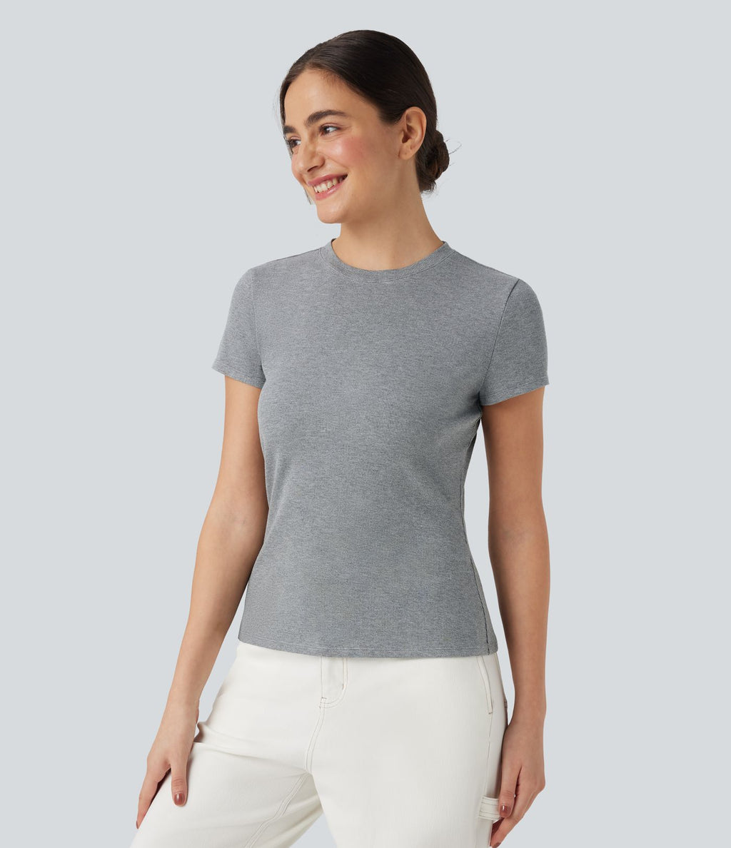 T-shirt décontracté ajusté maille côtelée col rond manches courtes