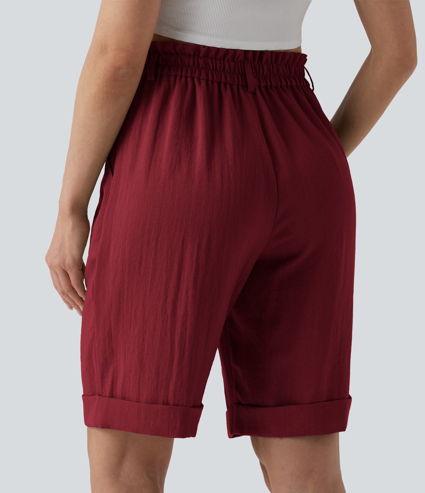 Bermuda resort taille haute effet lin avec ourlet roulotté et poches