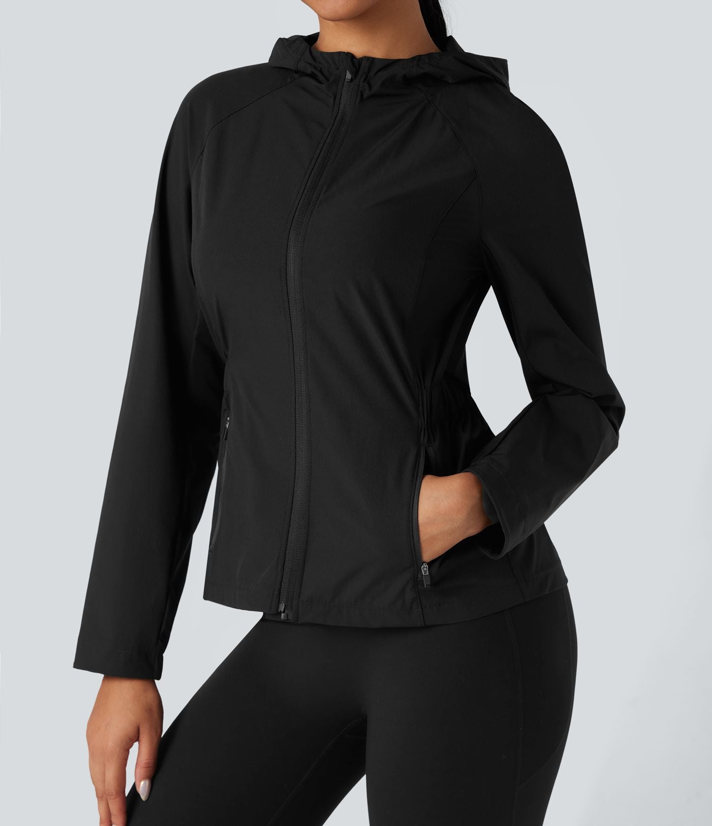Veste de randonnée déperlante résistante à l'abrasion à capuche avec mesh contrastant et poches