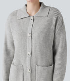 Gilet long casual col manches longues boutonné avec poches