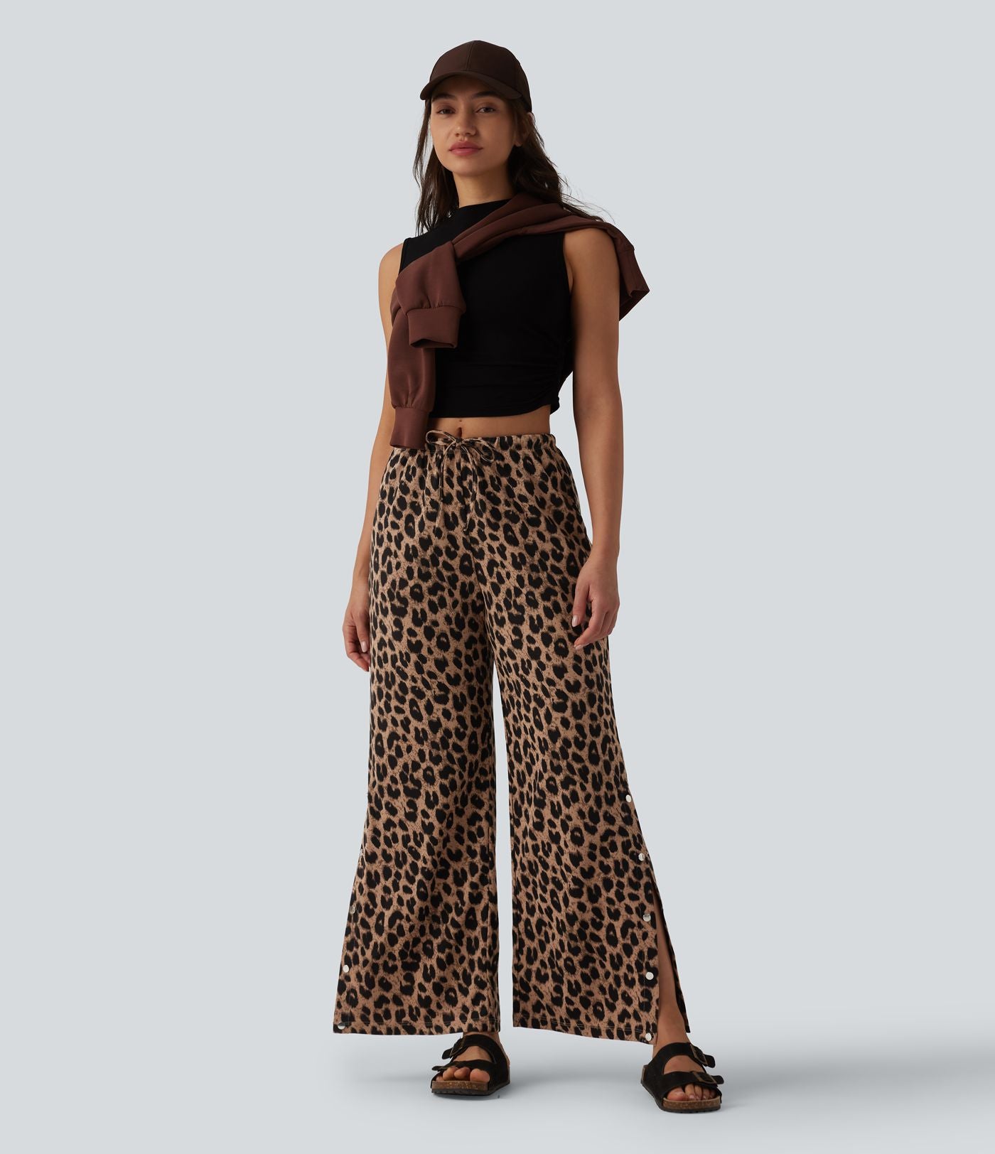 Pantalon large casual en maille gaufrée imprimé léopard taille mi-haute avec cordon de serrage et poches