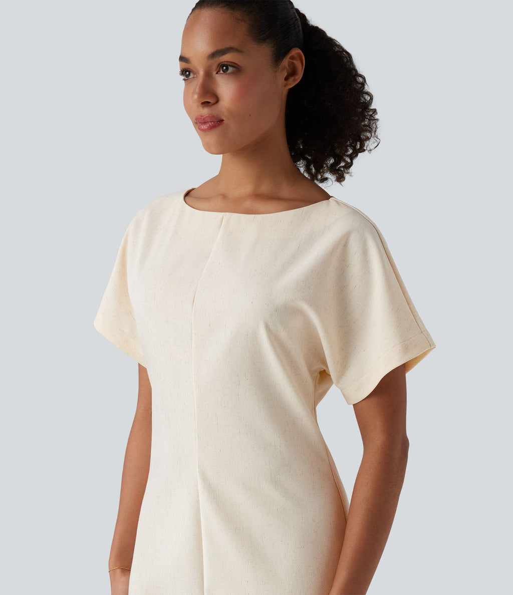 Robe mi-longue de travail col bateau manches courtes mélange lin