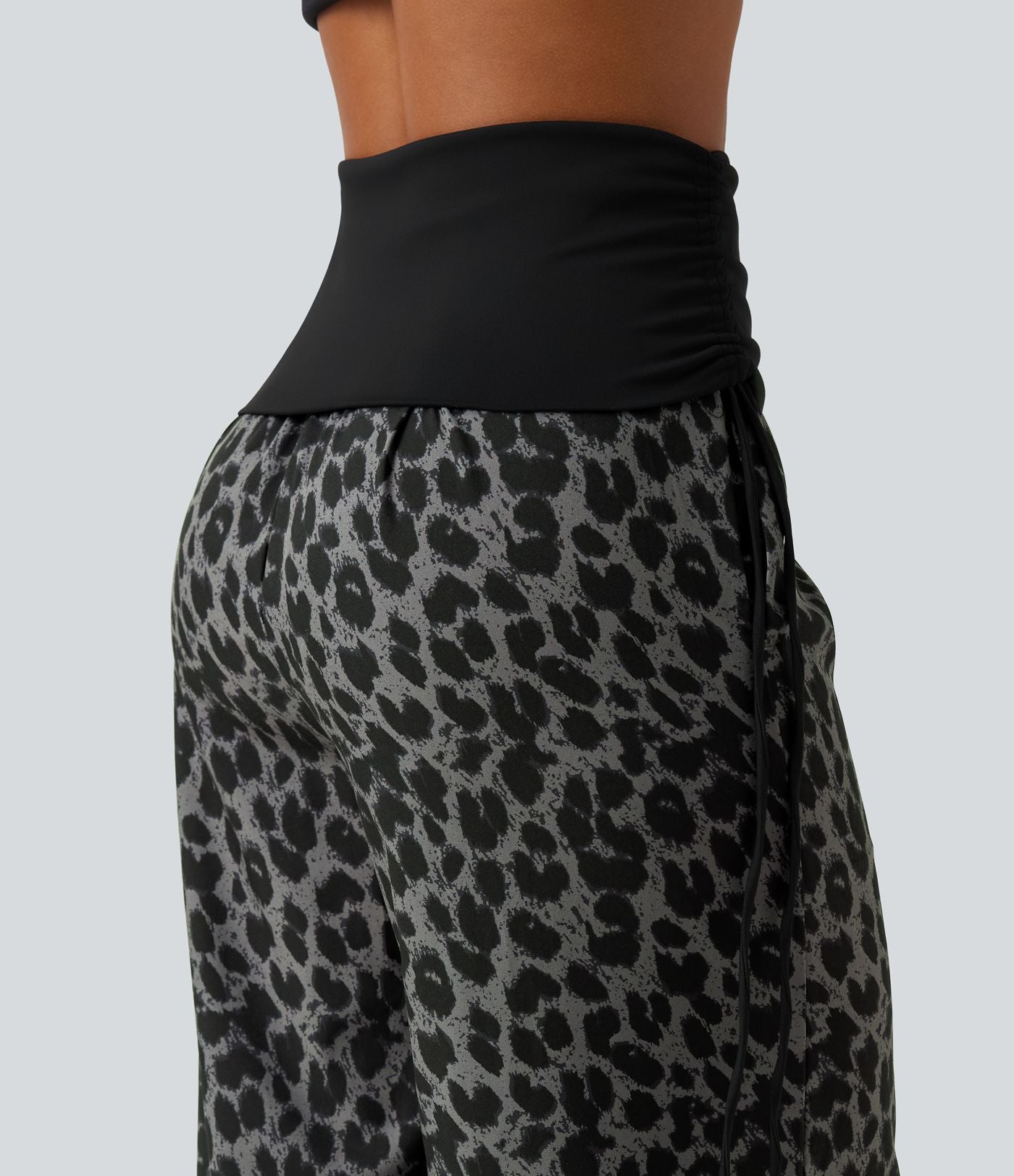Pantalon baggy casual à imprimé léopard taille haute à revers avec fronces, cordon et poches