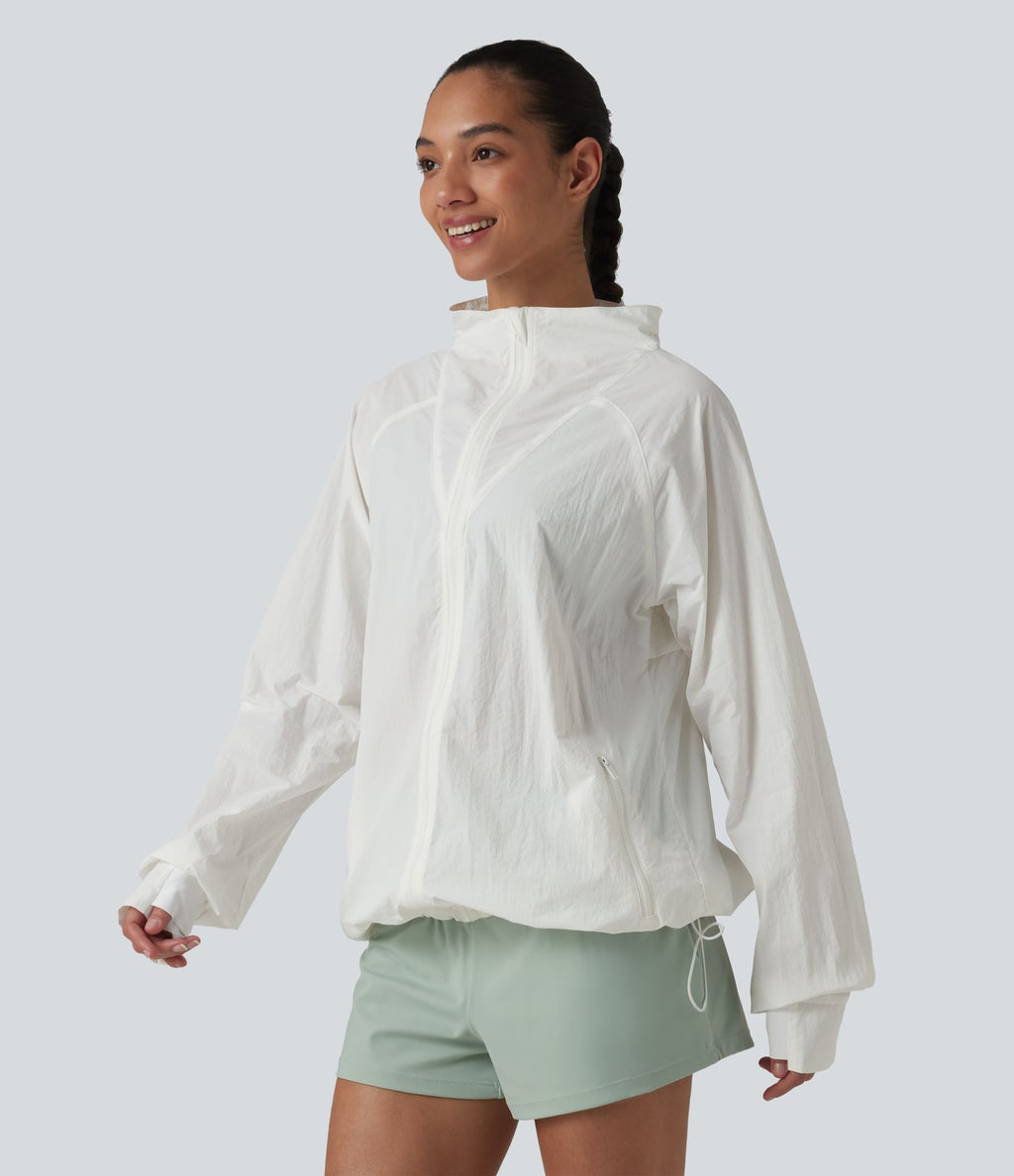 Coupe-vent casual à col droit avec trou pouces, cordon de serrage et poches