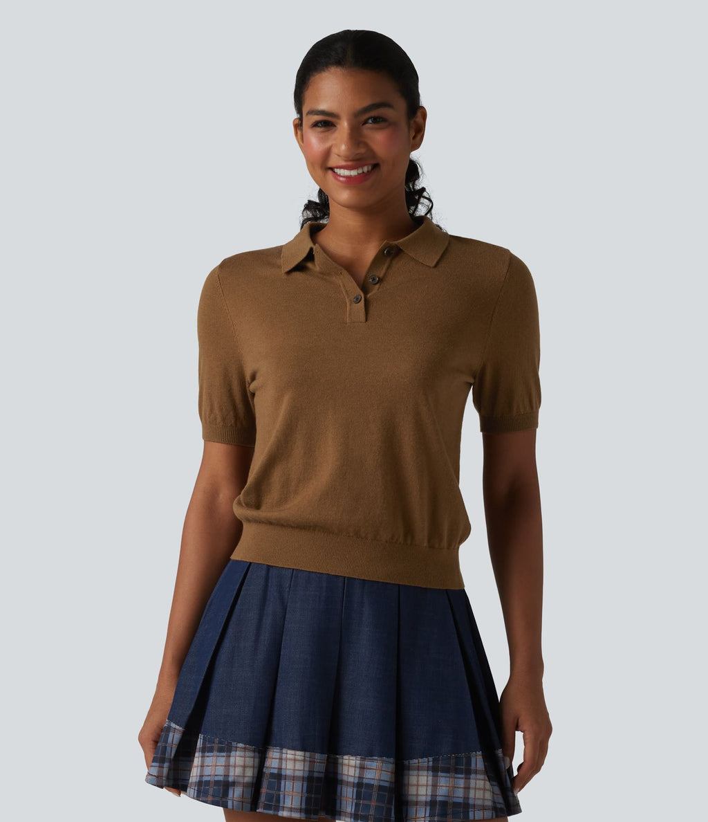 Pull décontracté col polo manches courtes en mélange de laine
