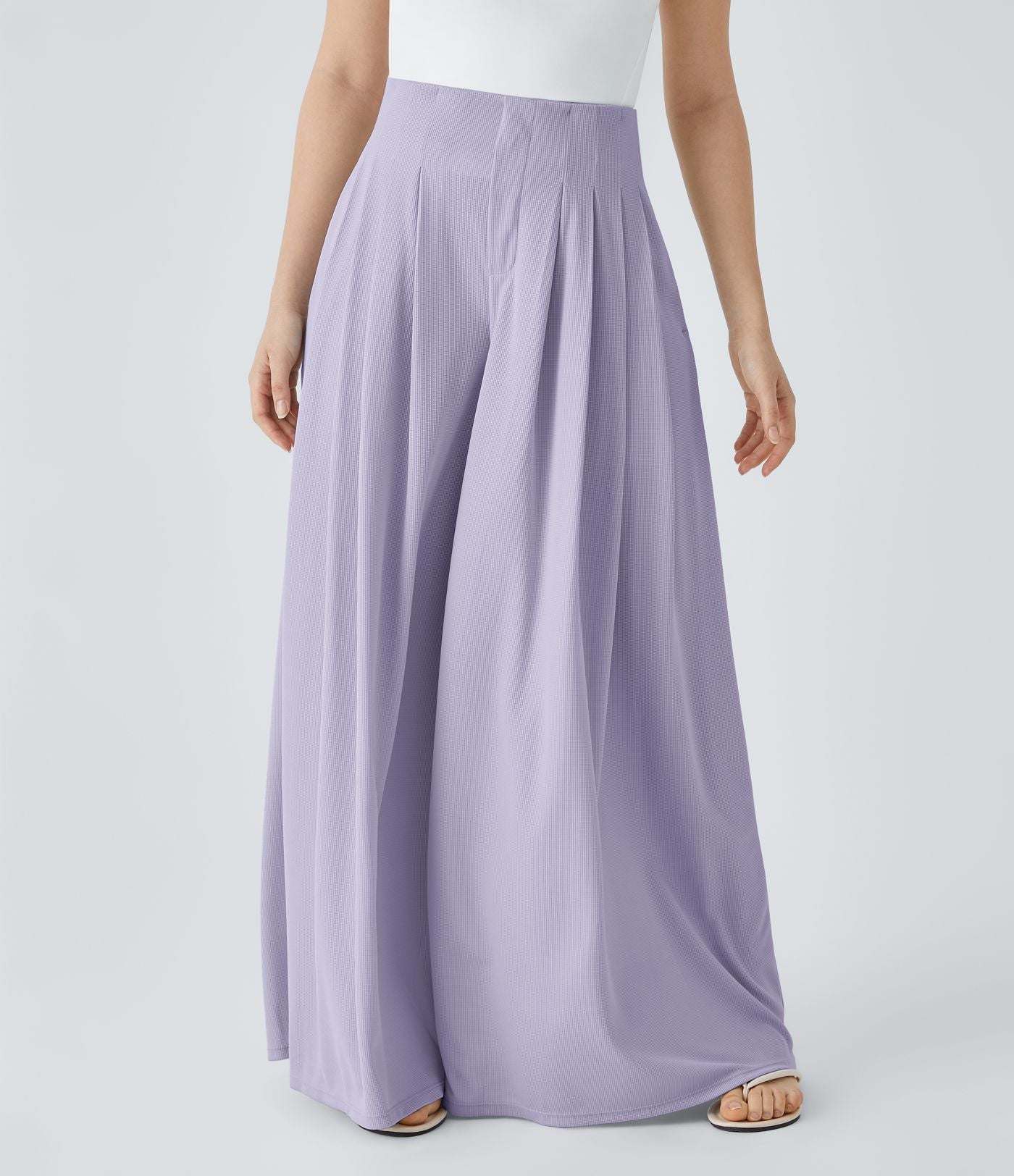 Pantalon décontracté palazzo en maille gaufrée, fluide, large, plissé, taille haute, avec poches