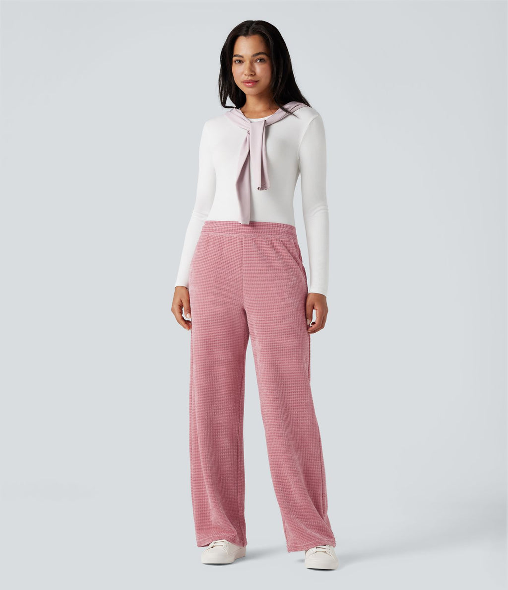 Pantalon chenille gaufré coupe droite taille mi-haute avec poches