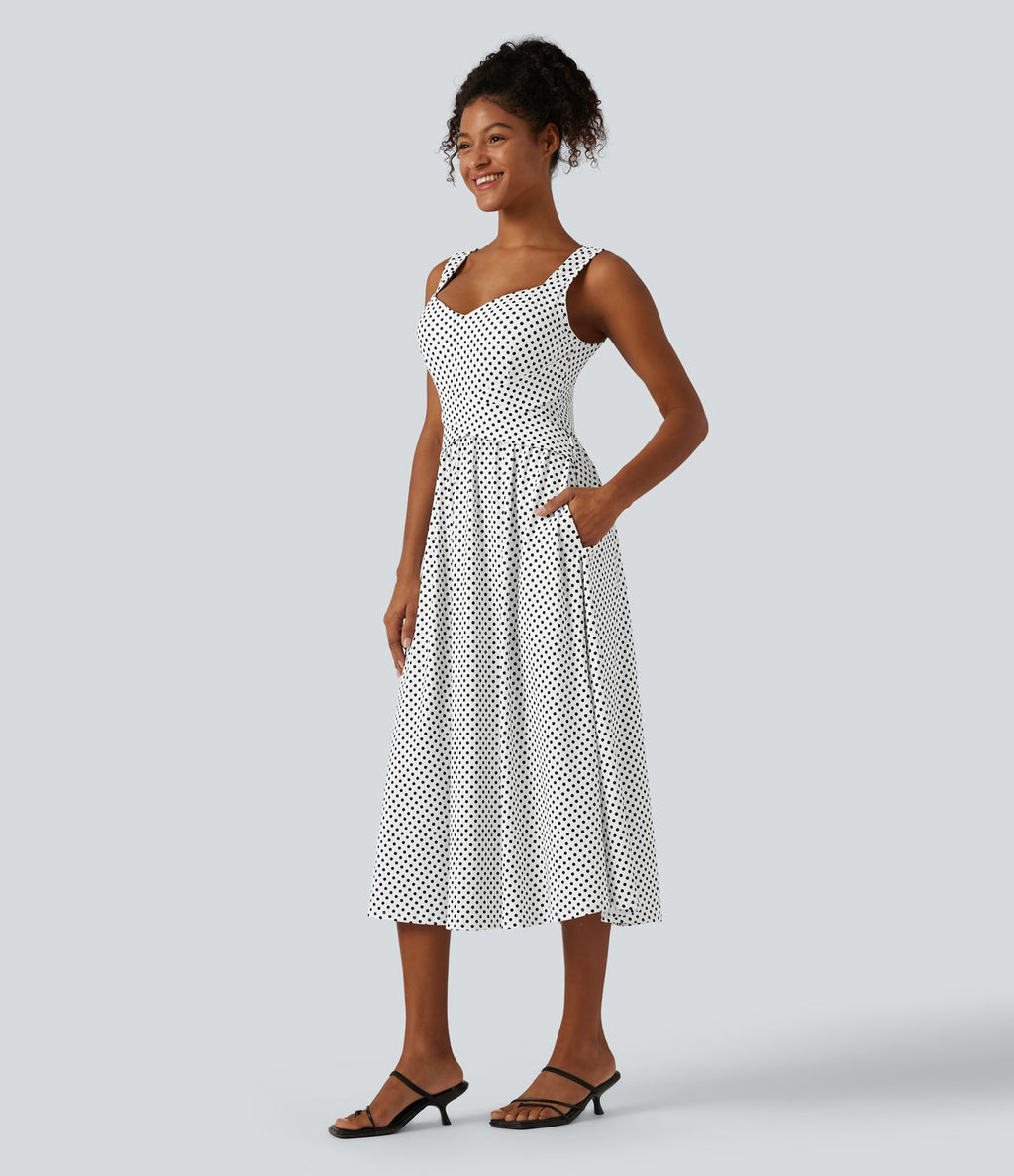 Robe midi casual fluide à pois sans manches dos nu avec brassière intégrée croisée et poches - Bonnets DD-F