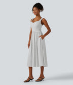 Robe midi casual fluide à pois sans manches dos nu avec brassière intégrée croisée et poches - Bonnets DD-F