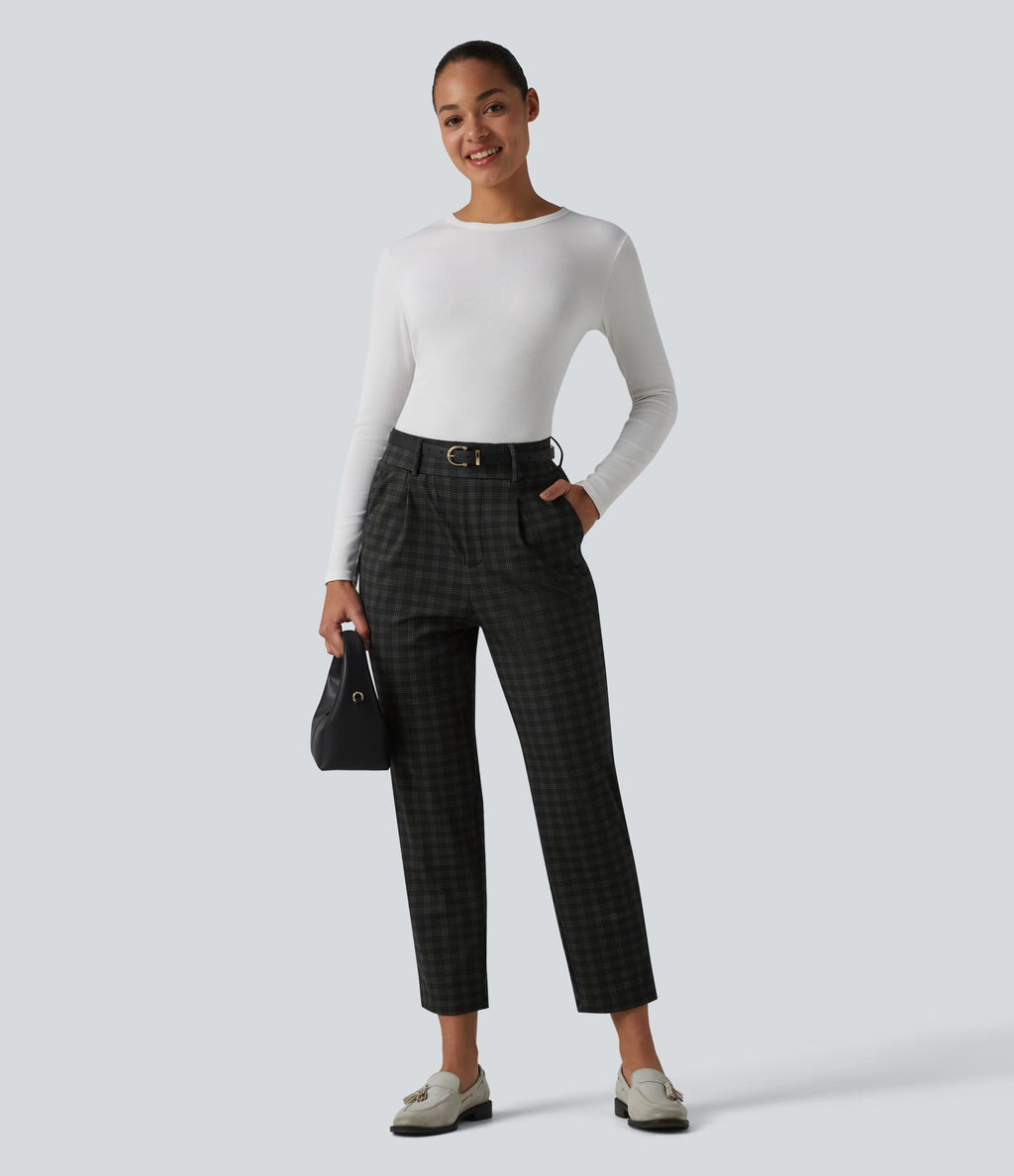 Halara Flex™ Pantalon tailleur fuselé taille haute à carreaux tartan, avec poches