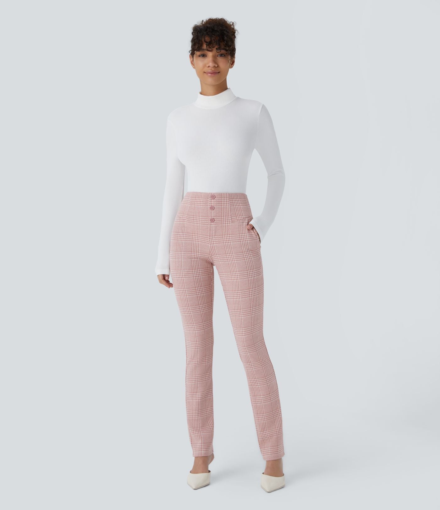 Halara Flex™ Pantalon tailleur Cintrés à Taille Haute avec Boutons Décoratifs Poches Latérales et Imprimé Pied-de-Poule
