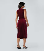 Robe mi-longue moulante velours col drapé sans manches fendue froncée