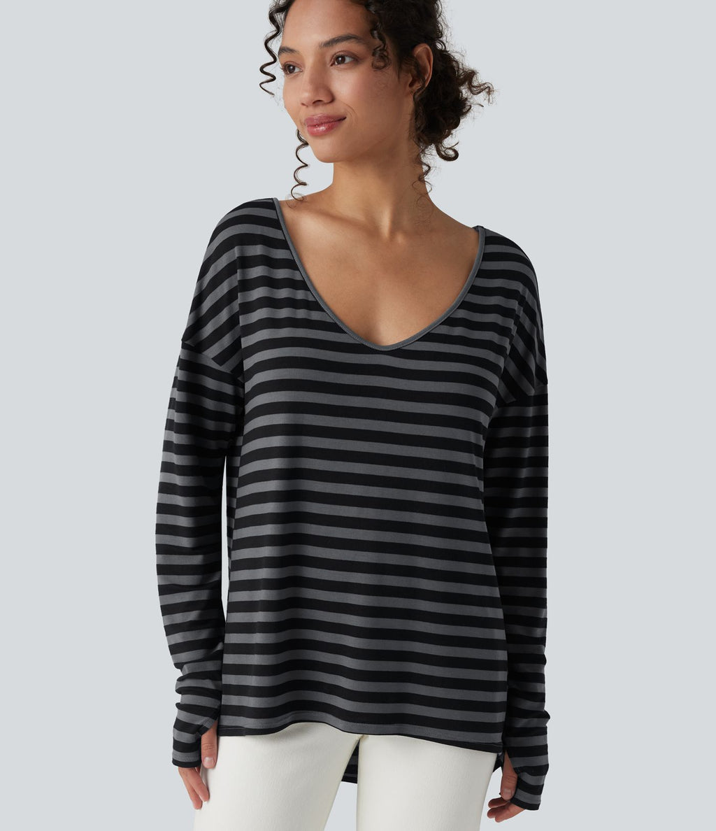 T-shirt ample décolleté plongeant manches longues à rayures et trous pour les pouces - Réversible devant et dos