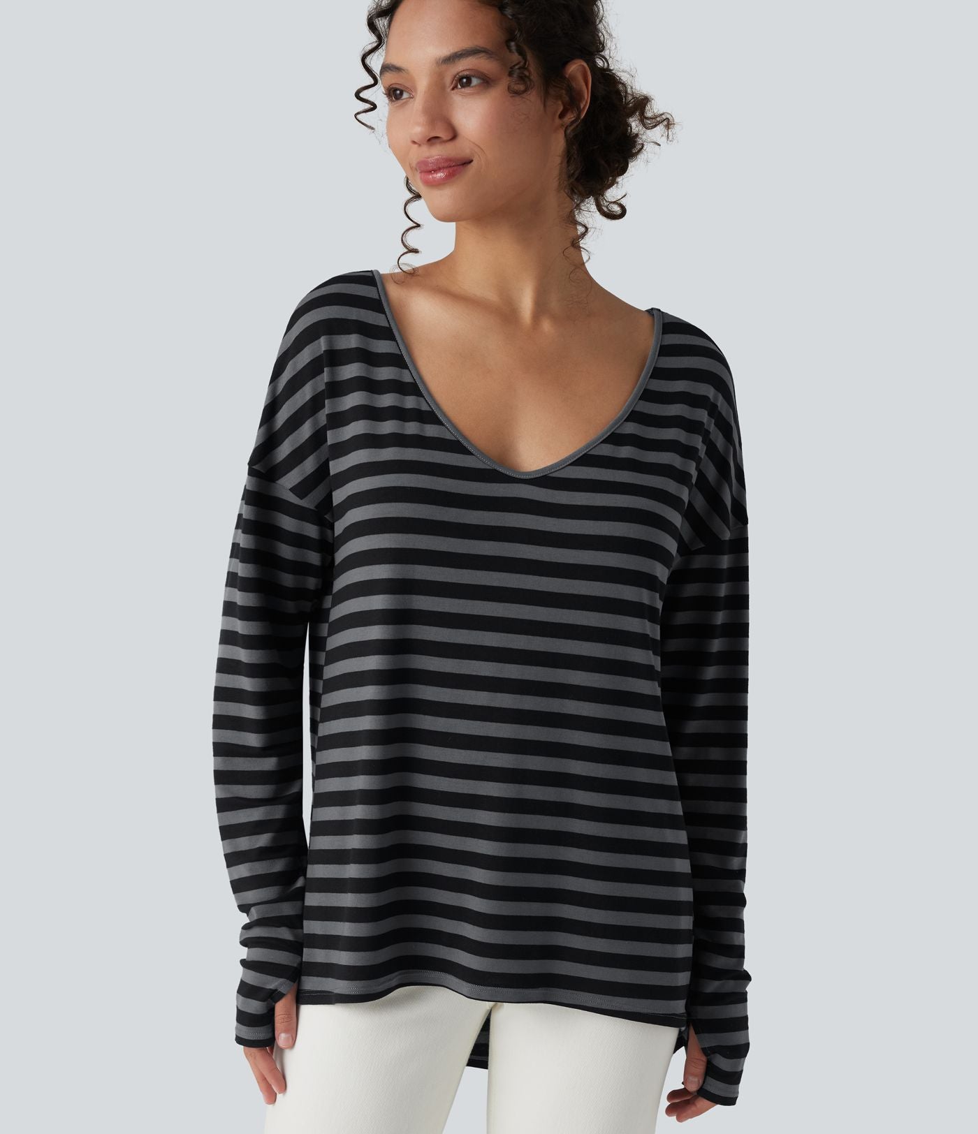 T-shirt ample décolleté plongeant manches longues à rayures et trous pour les pouces - Réversible devant et dos
