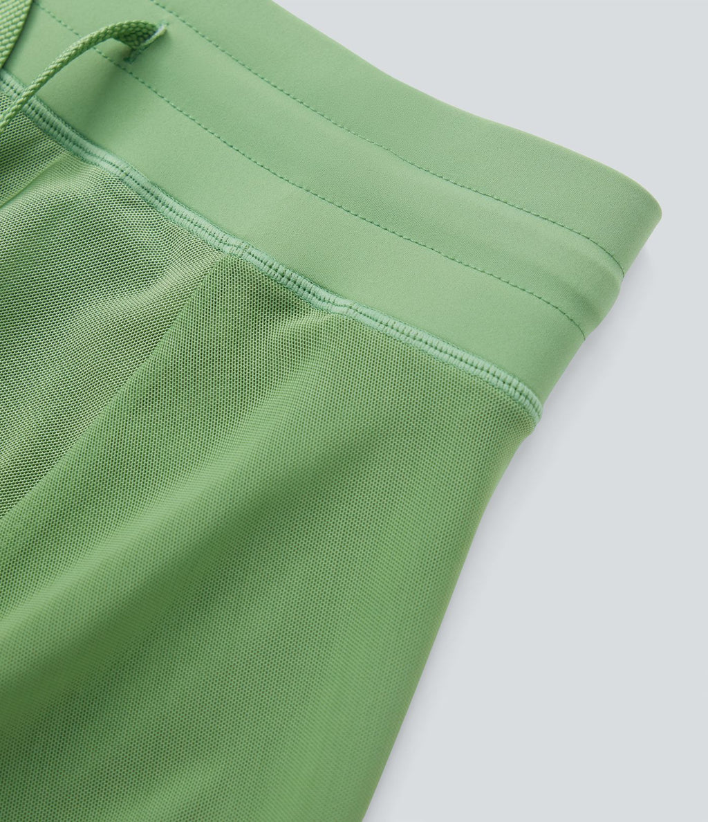 Jupe Casual Évasée Mesh Mi-Longue Fuide 2 en 1 Contrastée Taille Haute Cordon Poche Latérale