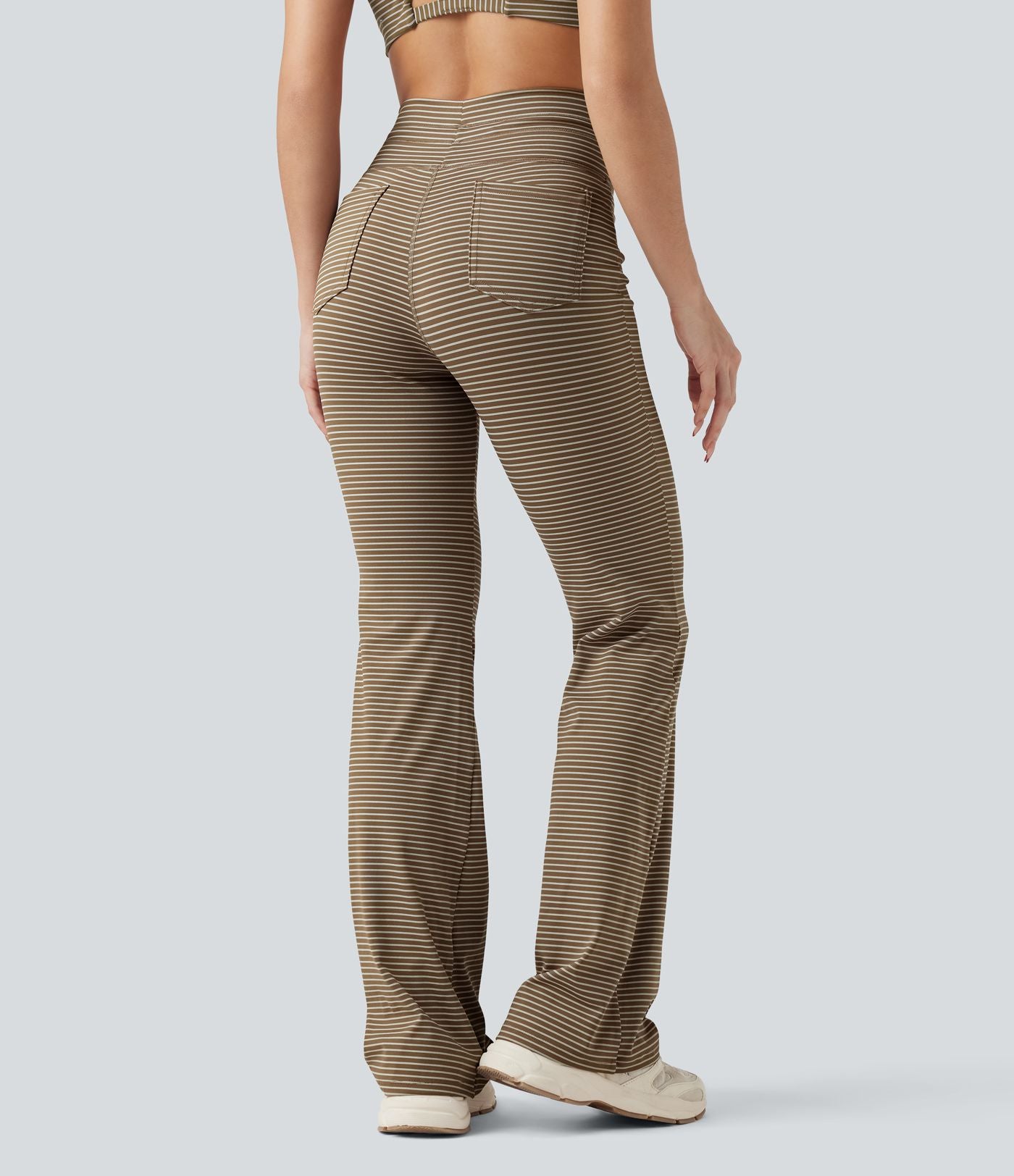 Pantalon de yoga évasé à rayures, taille haute, cordon et poches
