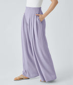 Pantalon décontracté palazzo en maille gaufrée, fluide, large, plissé, taille haute, avec poches