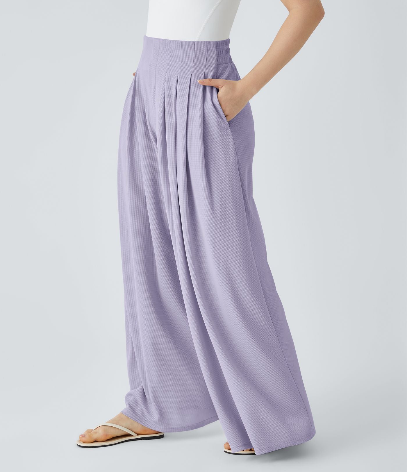 Pantalon décontracté palazzo en maille gaufrée, fluide, large, plissé, taille haute, avec poches