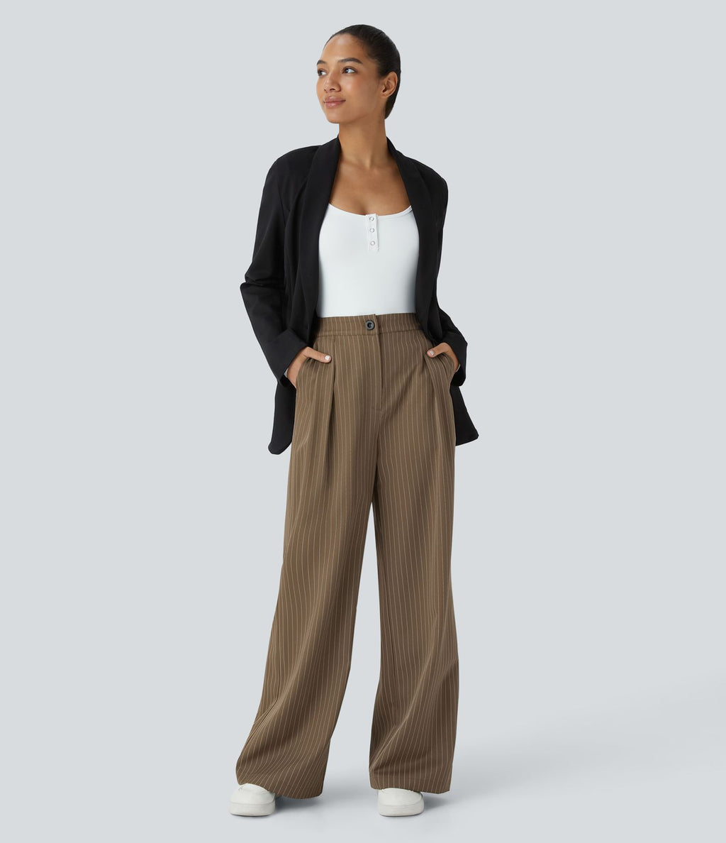 Pantalon Tailleur Large Fluide à Rayures, Taille Haute, Bouton et Fermeture Éclair, Poches Latérales