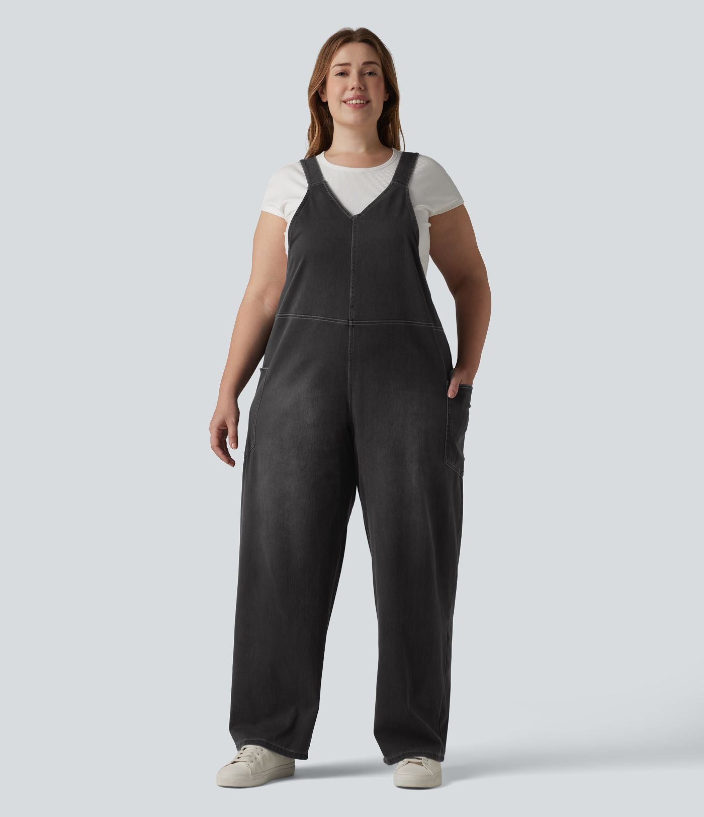 Salopette décontractée Halara Flex™ grande taille en maille denim extensible délavée col V avec poches