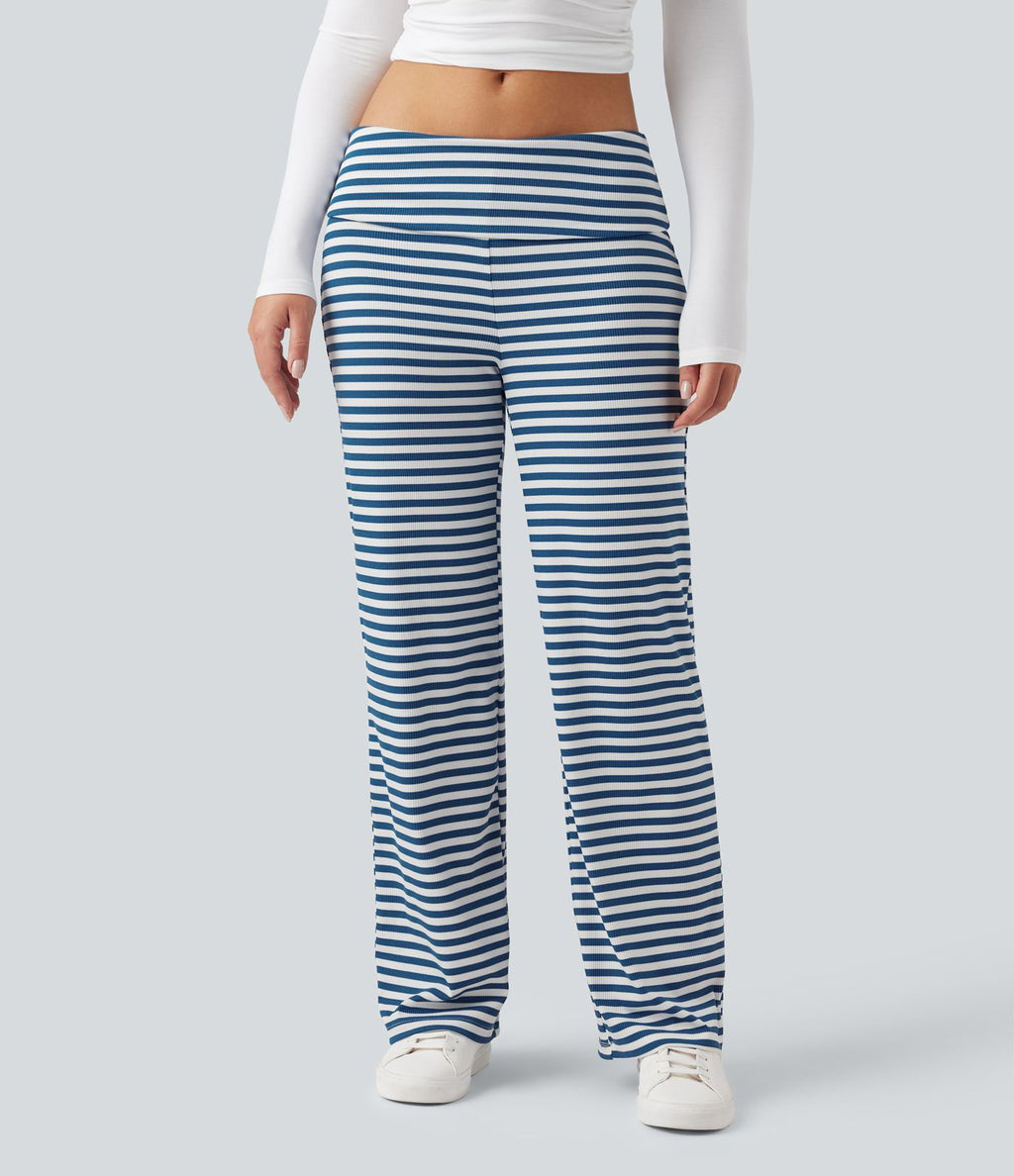 Pantalon évasé rayé taille basse à rabat