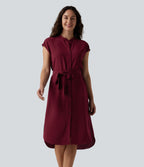 Robe-chemise midi de travail à manches courtes avec ceinture, ourlet arrondi et poches