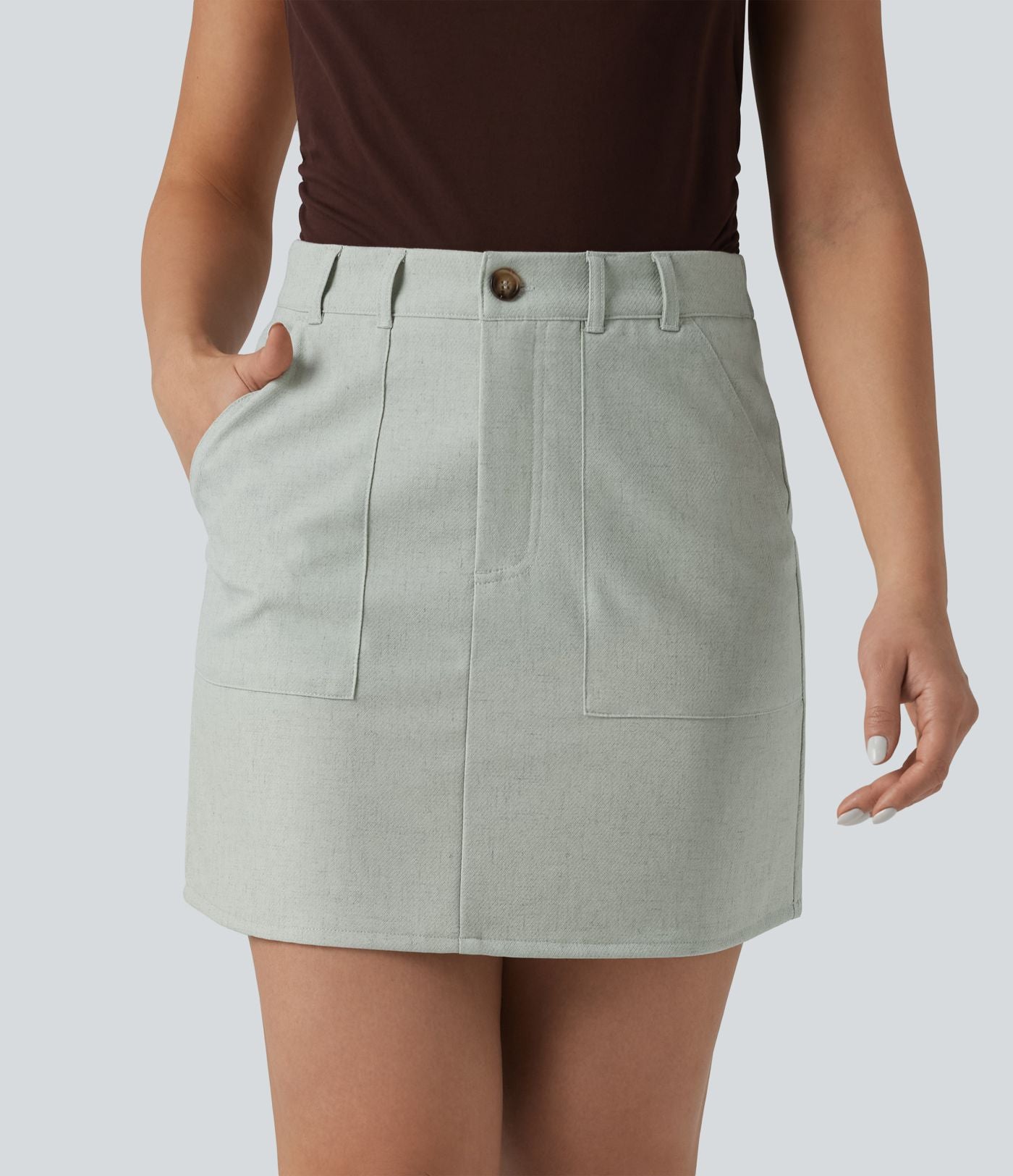 Jupe mini bureau taille haute en lin mélangé avec poches