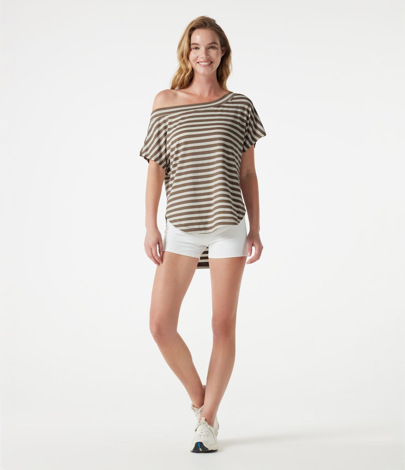 Top casual asymétrique épaule dénudée à rayures, manches courtes, ourlet incurvé et brassière intégrée