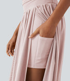 Jupe de danse mi-longue fluide 2-en-1 taille haute, fendue avec poche latérale