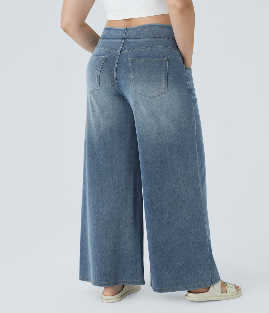 Halara Flex™ Jeans Larges Casual Taille Haute Multiples Poches Lavés Élastiques et Tricotés Grande Taille