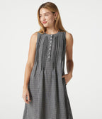 Robe casual midi à carreaux toucher lin col rond sans manches à poches