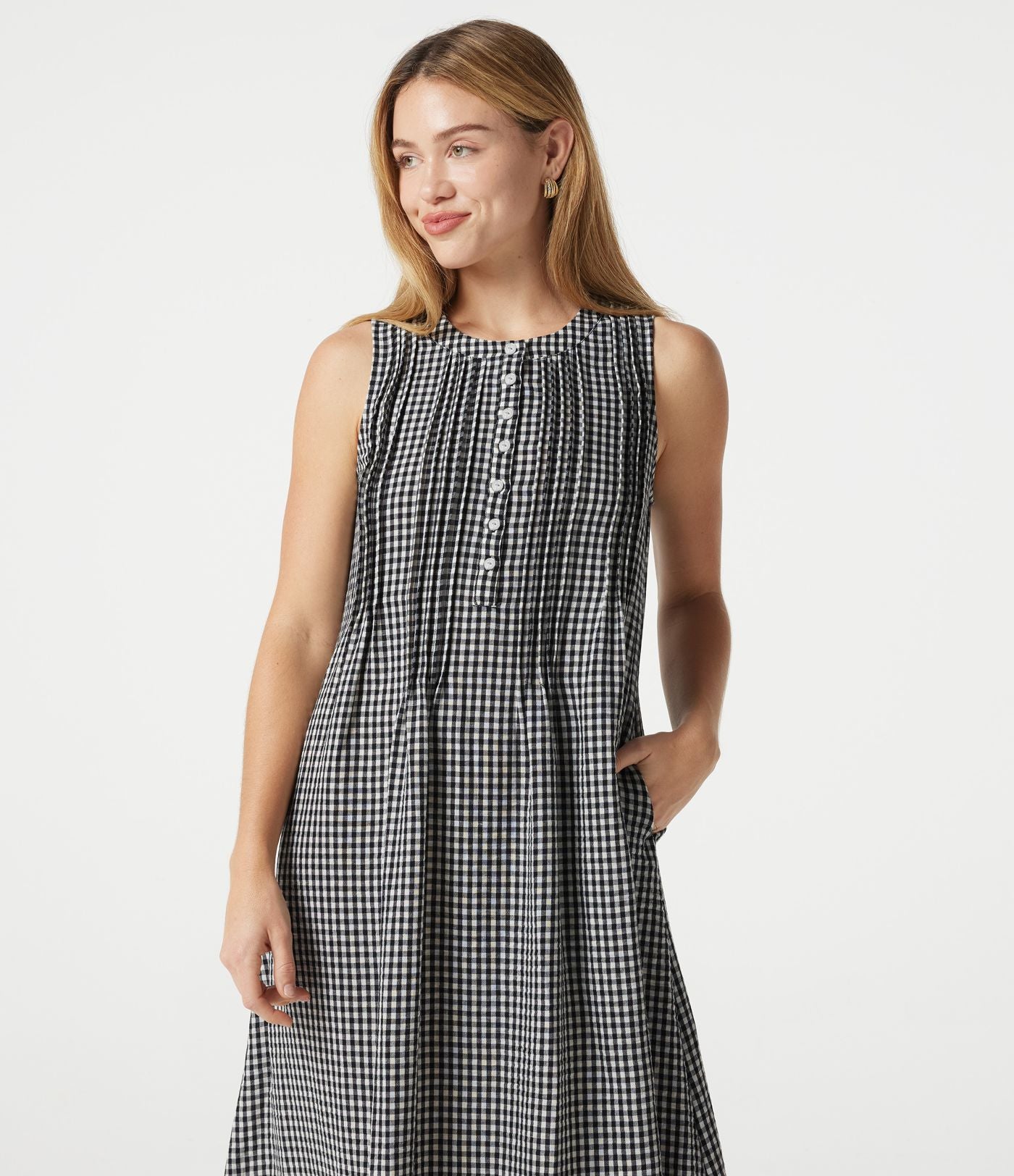 Robe casual midi à carreaux toucher lin col rond sans manches à poches