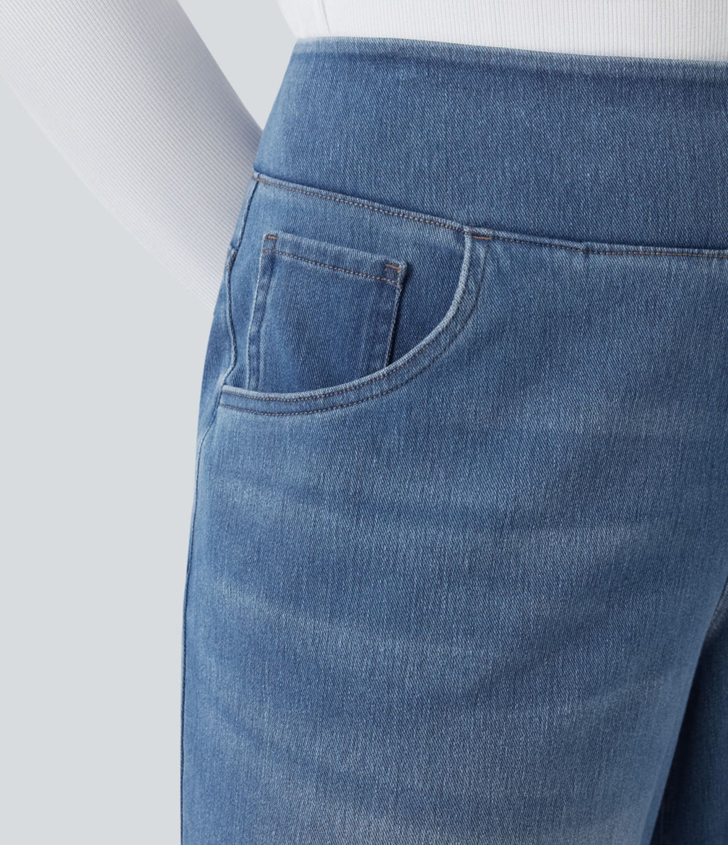 Halara Flex™ Jeans Larges Casual Taille Haute Multiples Poches Lavés Élastiques et Tricotés Grande Taille