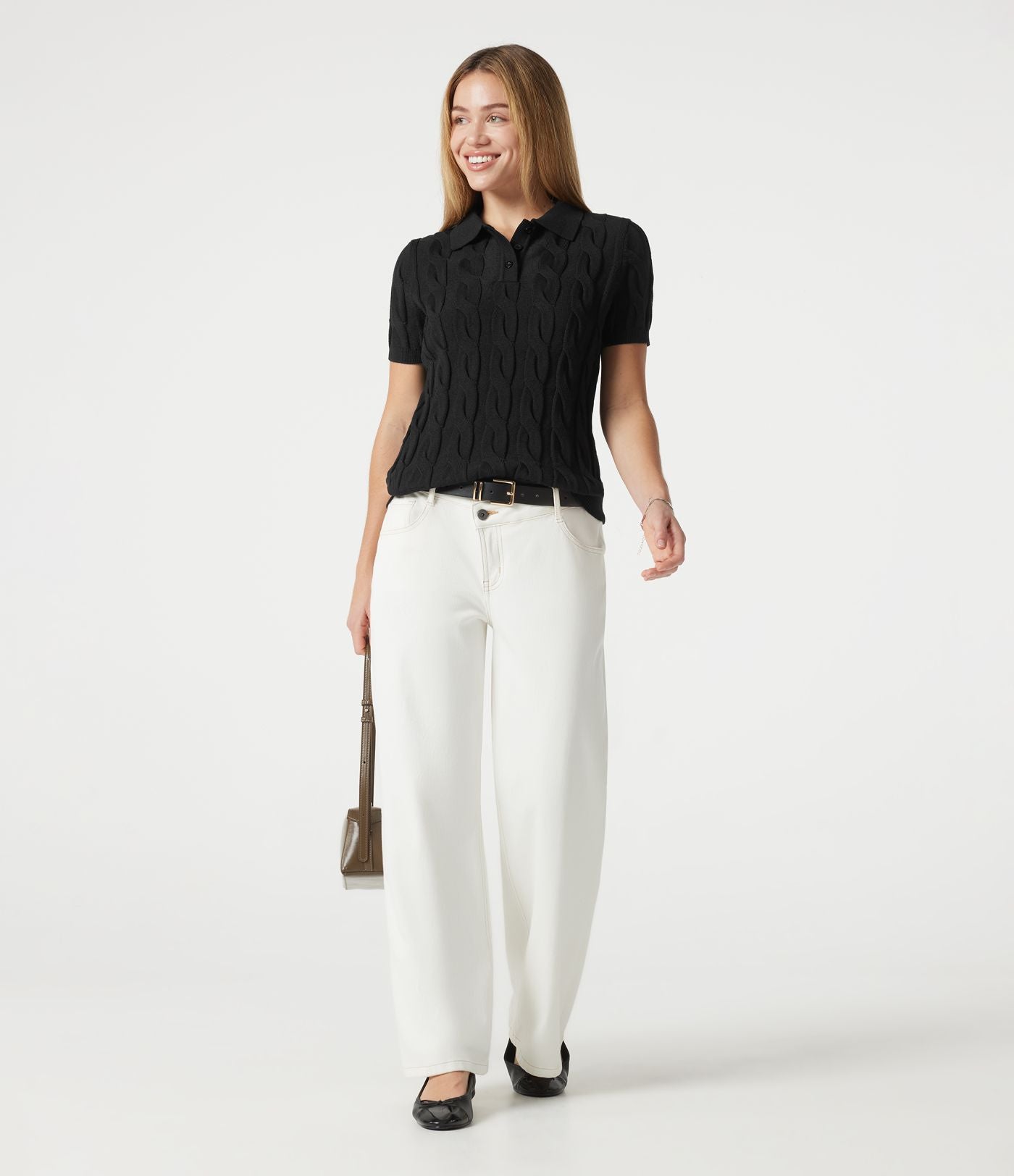 Pull polo décontracté en maille torsadée à manches courtes