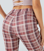 Pantalon Casual à Carreaux Évasé et Taille Haute avec Poches