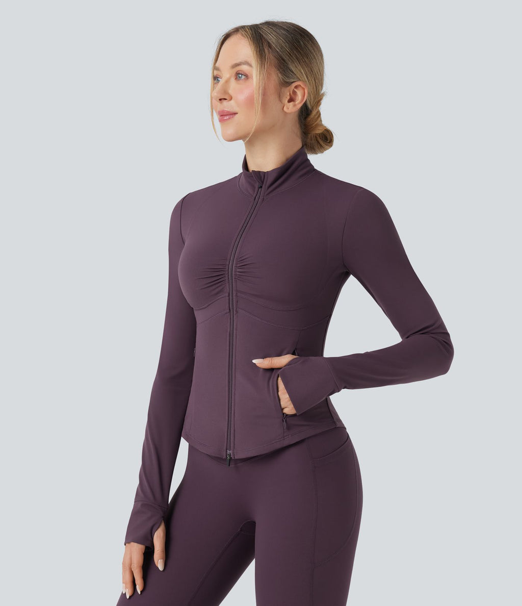 Veste de yoga Halara UltraSculpt™ col montant froncée push-up manches longues à trous pouces avec poches