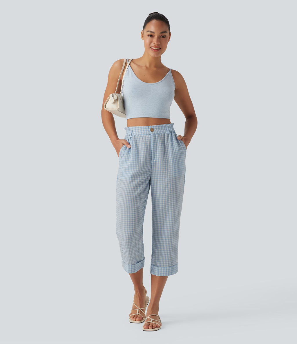 Pantalon 7/8 décontracté aspect lin à carreaux taille haute avec poches