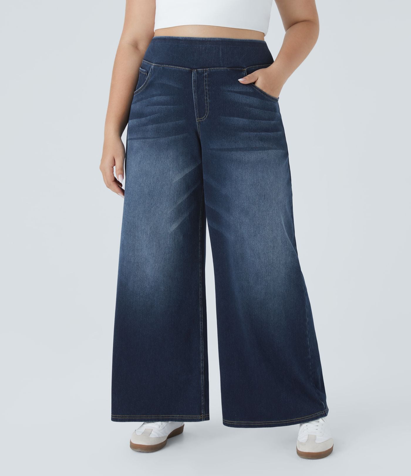 Halara Flex™ Jeans Larges Casual Taille Haute Multiples Poches Lavés Élastiques et Tricotés Grande Taille
