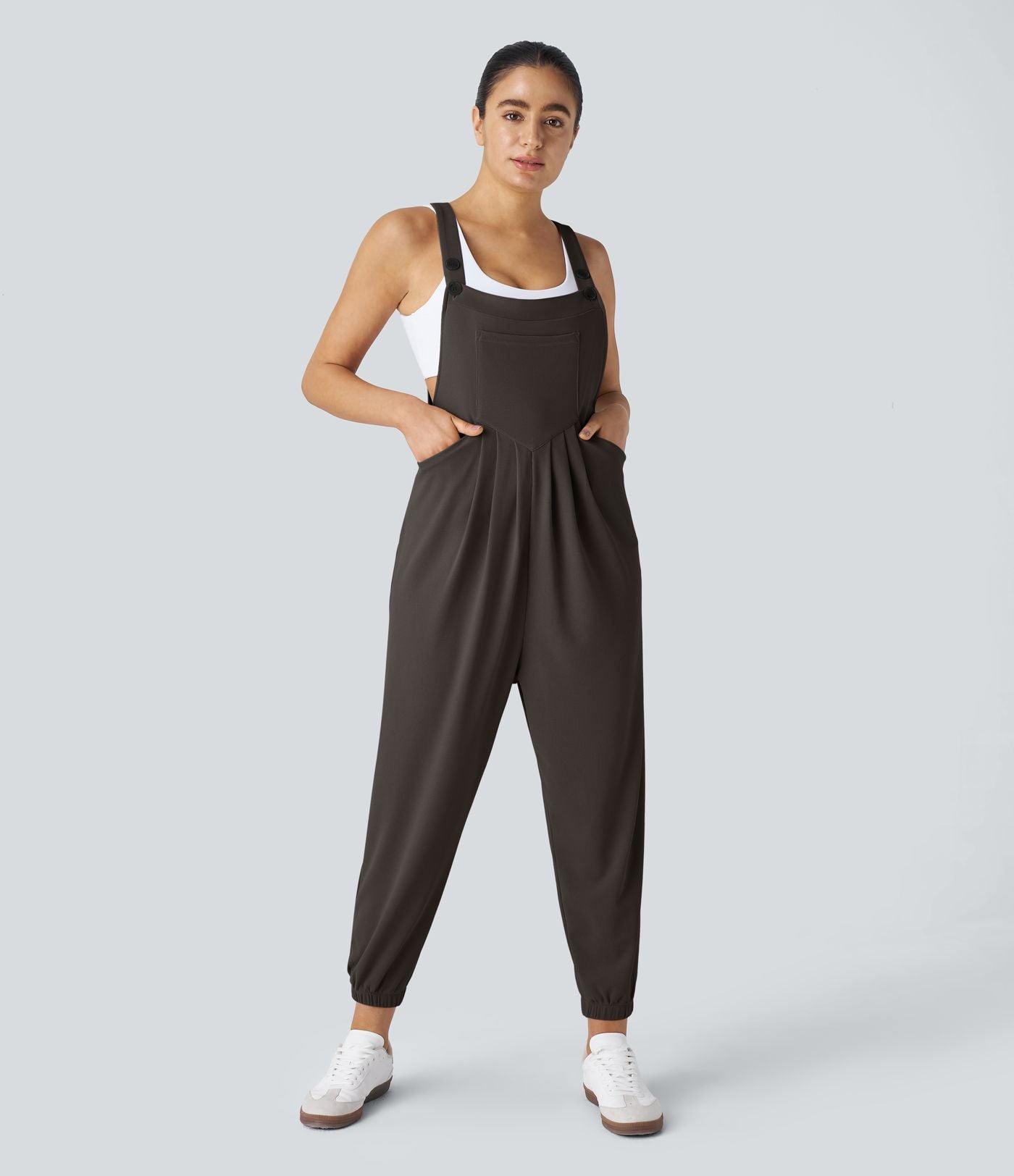 Salopette Casual Bretelles Ajustables Boutonnés Multiples Poches Plis et Tissu Gaufré