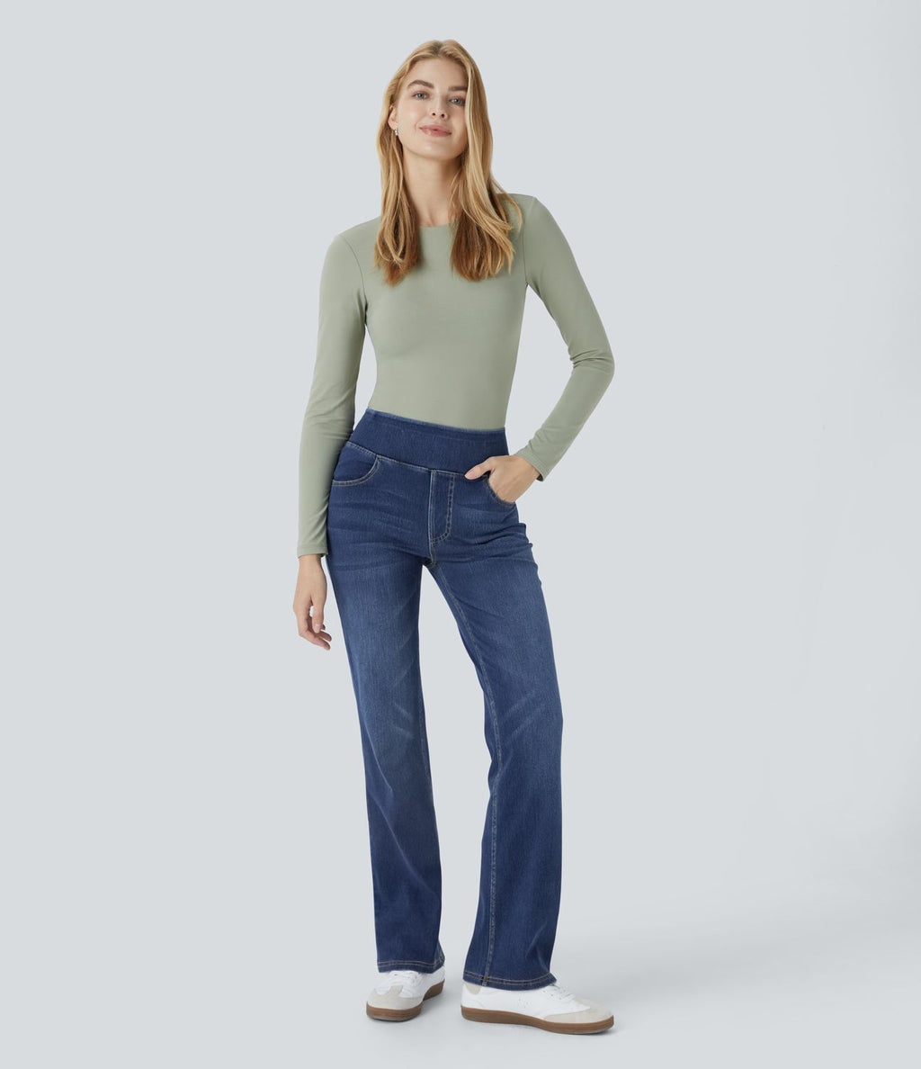 Halara Flex™ Jean bootcut décontracté extensible délavé taille haute à poches multiples