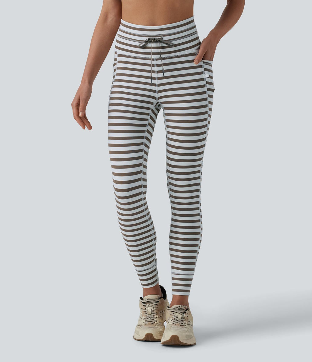 Legging yoga 7/8 taille haute à rayures et cordon de serrage avec poches