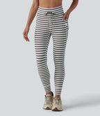 Legging yoga 7/8 taille haute à rayures et cordon de serrage avec poches
