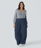 Pantalon décontracté palazzo large effet lin, taille haute, grande taille, avec poches